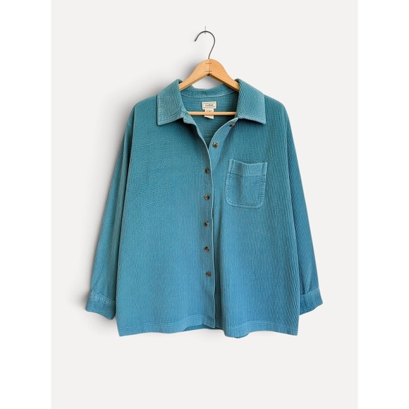 L.L. Bean Tops - LL Bean Vintage Button Up Shirt Corduroy Texture L Regular Teal Blue Cotton